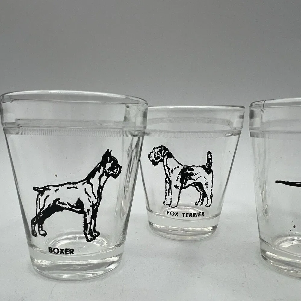 Set 4 Hazel Atlas Dog Shot Glasses Man Cave Bar Boxer Dachshund Terrier Spaniel